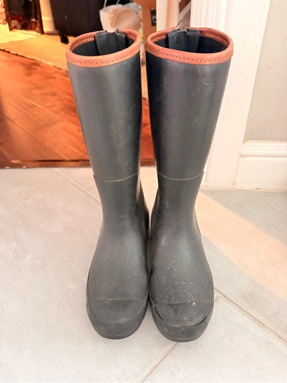 Sperry Black Rubber Rain Boots with Brown Trim